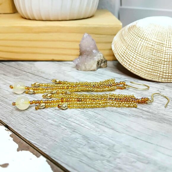 Gold Rush Citrine Beaded Fringe Dangle Earrings, Gemstone Jewelry 4" - Picture 4 of 8